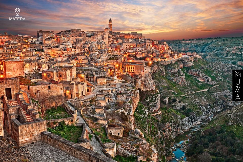 Historic cityscape at sunset.